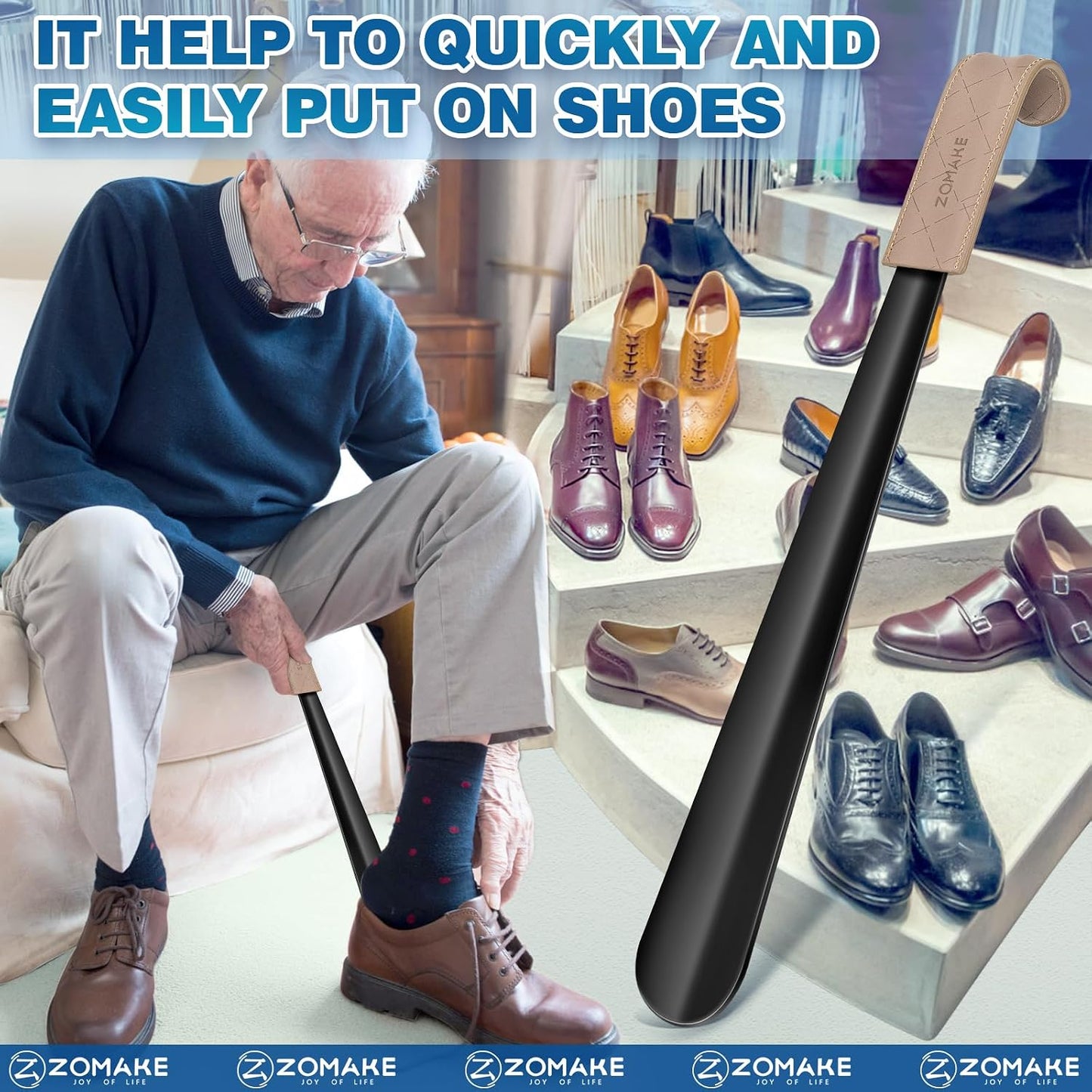 ZOMAKE Shoe Horn Long Handle for Seniors Men Women,Metal Long Shoehorn for Boots,16.5" Shoe Spoon Helper(Brown Handle) | 1Pack Stainless Steel Boot Horn Shoe Spoon Helper, Smooth Edges, Comfort Grip, No Bending Over, Shoe Protection(Brown Handle)