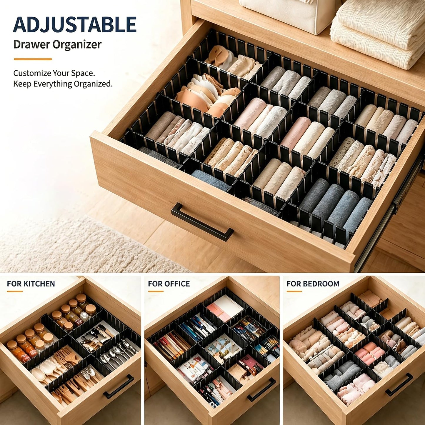 Adjustable Drawer Dividers, Cut-to-Fit DIY Organizers, White,16 Pack | For Tidying Cutlery, Makeup, Clothes and Dresses in Drawers, Desks and Storage Boxes for Kitchen, Bathroom, Bedroom & Office