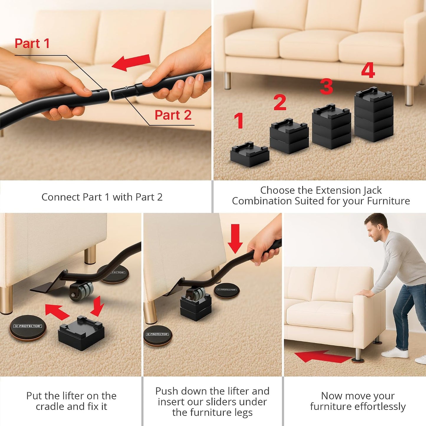 X-Protector Multi-Surface Furniture Sliders & Furniture Lifter Tool Set | 4 PCS 5" Sliders for Furniture with Furniture Jack. Move Your Furniture Easily with Furniture Movers for Hard Floors & Carpet
