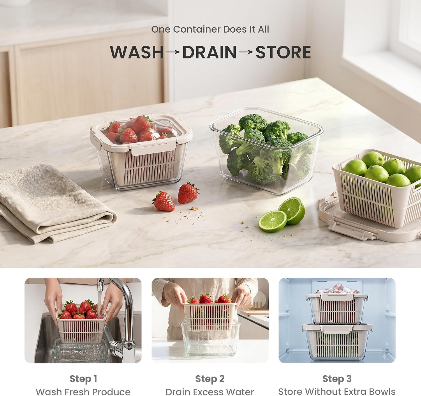 Glass Produce Storage Containers for Fridge, 2-Pack – Airtight Fruit & Vegetable Containers with Removable Colanders, Flexible Silicone Lids,LeakProof, BPA-Free Borosilicate Glass