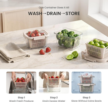 Glass Produce Storage Containers for Fridge, 2-Pack – Airtight Fruit & Vegetable Containers with Removable Colanders, Flexible Silicone Lids,LeakProof, BPA-Free Borosilicate Glass