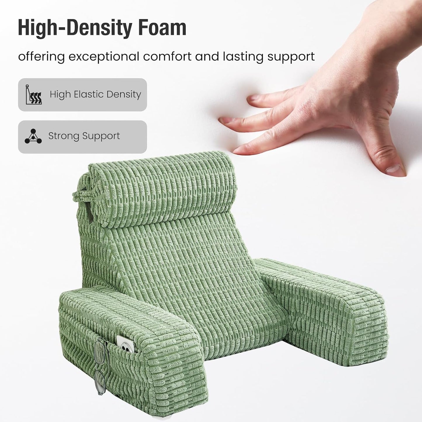 Reading Pillow for Bed Sitting Up with Large Pockets,Modern Style | 19" Supportive Backrest Cushion for Reading,Nursing,Resting,or Reclining,Stable Armrests & Washable Cover – Sage Green