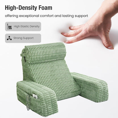 Reading Pillow for Bed Sitting Up with Large Pockets,Modern Style | 19" Supportive Backrest Cushion for Reading,Nursing,Resting,or Reclining,Stable Armrests & Washable Cover – Sage Green