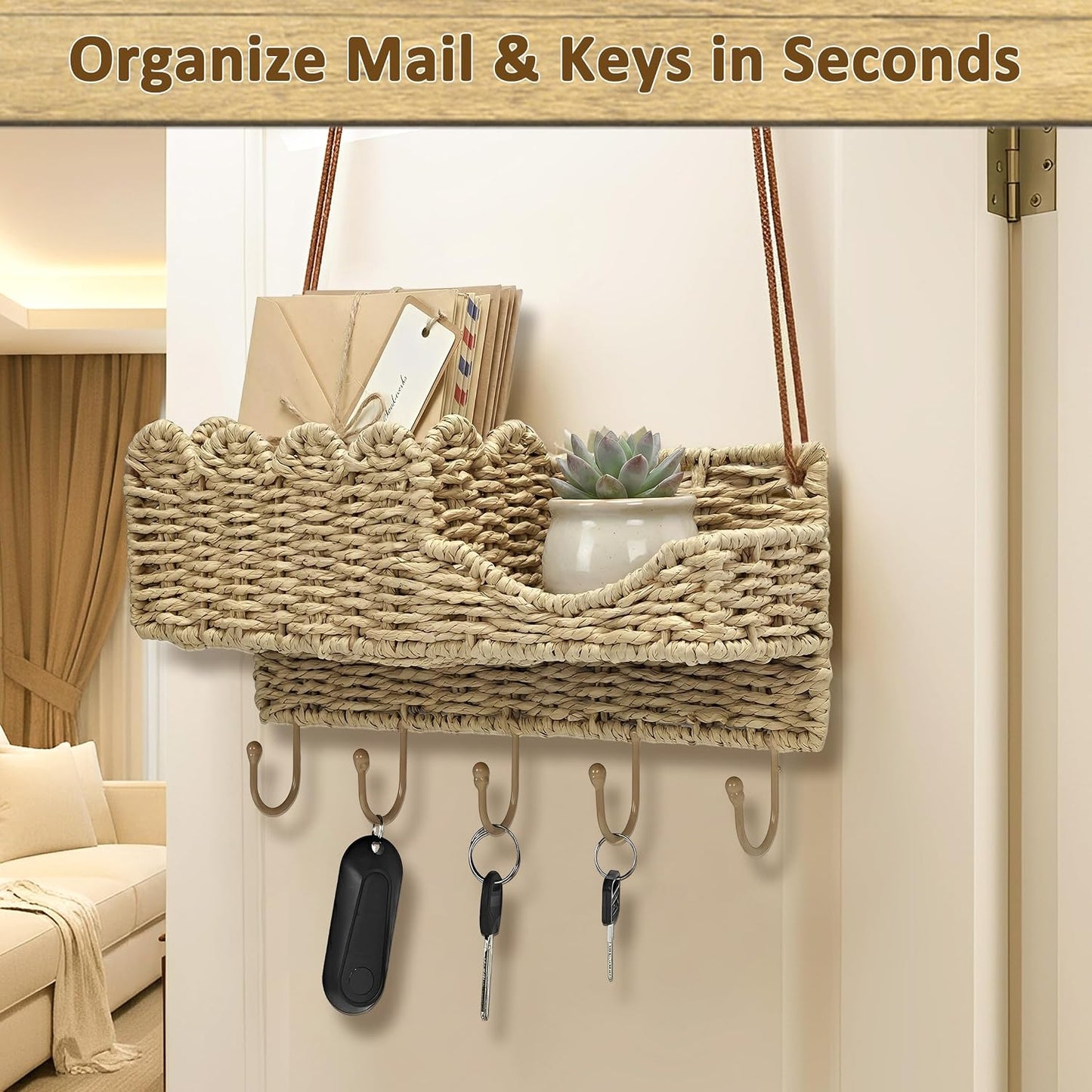 Hook-Woven Wicker Key Holder and Mail Organizer | Natural Paper Rattan Scalloped Wave Design Decorative Wall Mount for Entryway, Living Room, Hallway