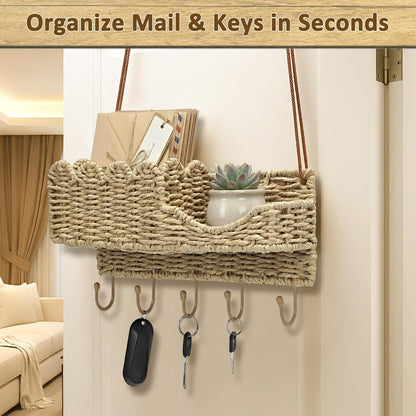 Hook-Woven Wicker Key Holder and Mail Organizer | Natural Paper Rattan Scalloped Wave Design Decorative Wall Mount for Entryway, Living Room, Hallway