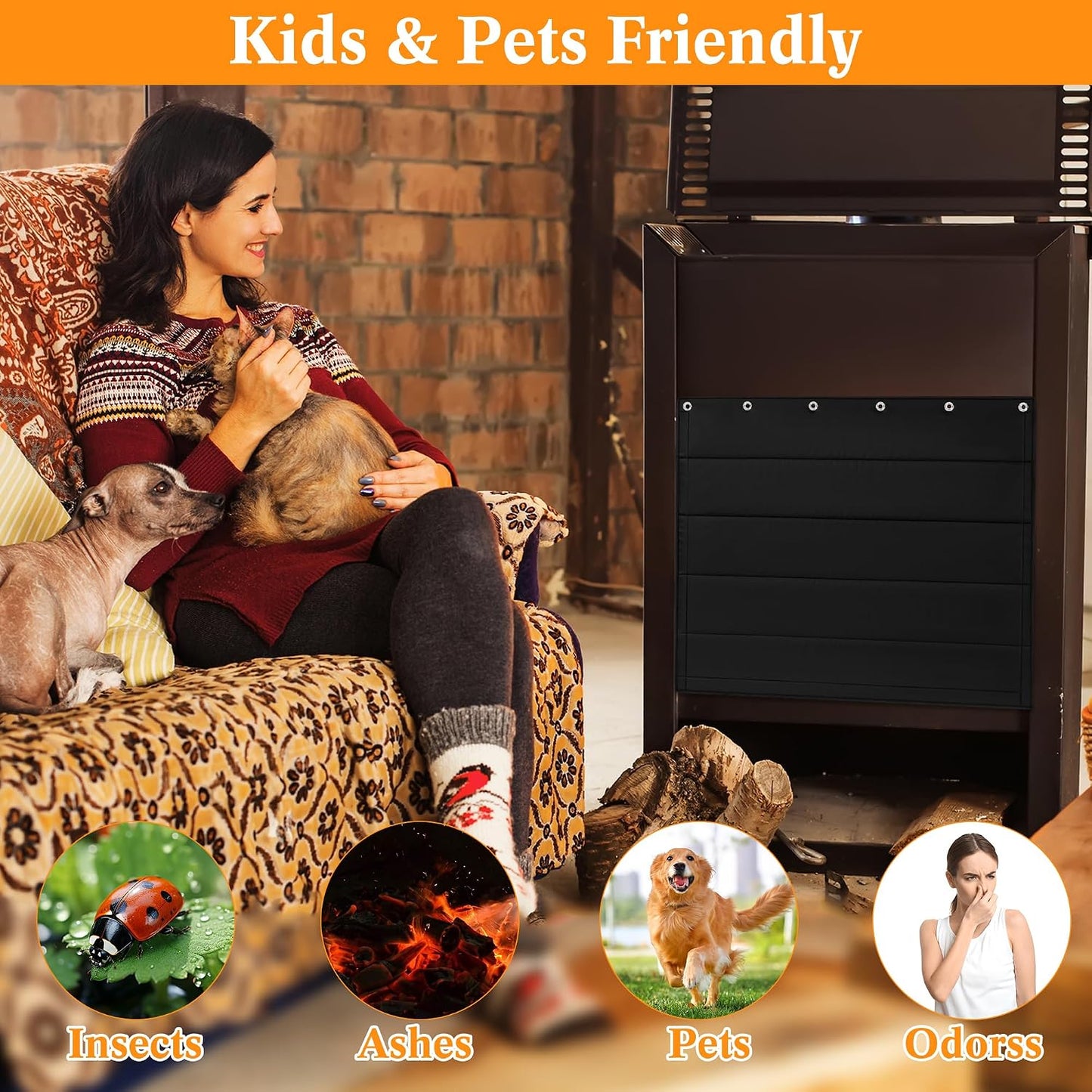 Fireplace Draft Cover - Draft Stopper Blanket with Hook & Loop Tapes, Stops Heat Loss & Cold Air, Energy-Saving Indoor Fireplace Blocker, 39"x32" Black