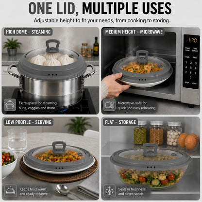 Collapsible Microwave Splatter Cover, Vented Glass Silicone Lid with Heat resistant Handle, Fit Plates Bowls Pots, Safe for Microwave Convection Oven Steamer Dishwasher（grey 11.8in）