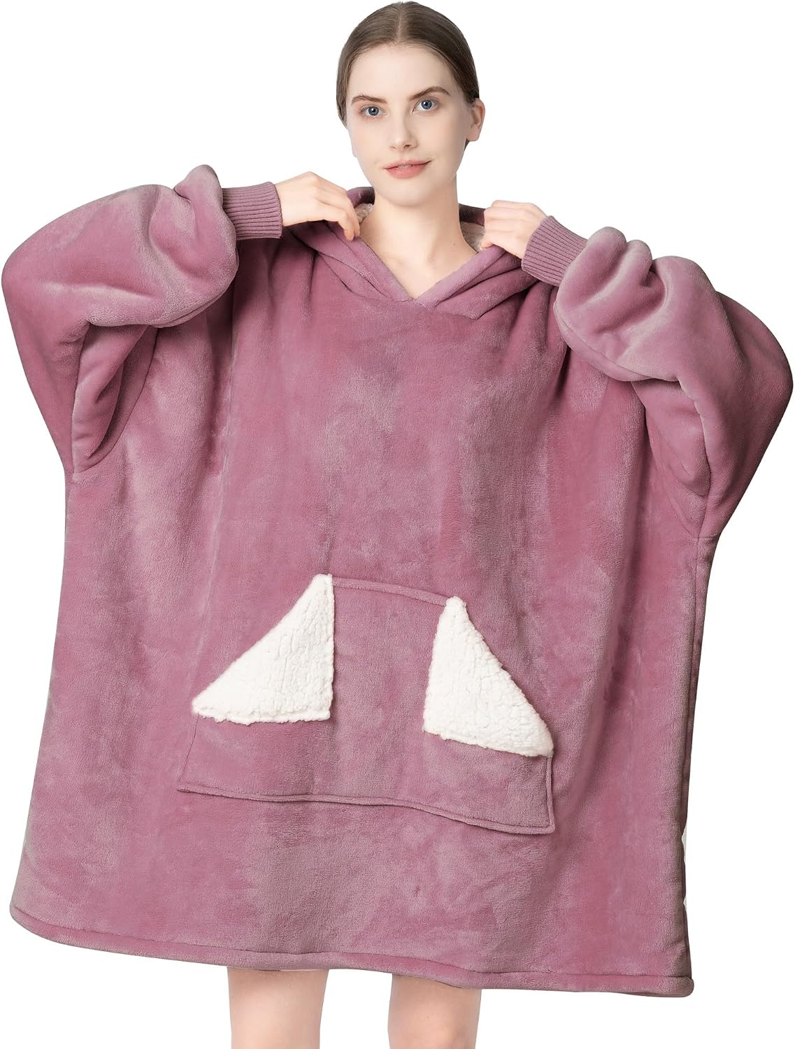Wearable Blanket Hoodie, Oversized Sherpa Fleece Sweatshirt Blanket with Giant Hood Pocket and Sleeves for Adult, Warm & Cozy Grey Blanket Gifts for Women