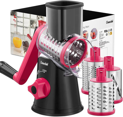 Geedel Rotary Cheese Grater, Kitchen Mandoline Vegetable Slicer with 3 Interchangeable Blades, Easy to Clean Rotary Grater Slicer for Fruit, Vegetables, Nuts | 3 Blades, 430 Stainless Steel, 12x Fast Cutting, Strong Suction Base, No BPA, Dishwasher Safe,
