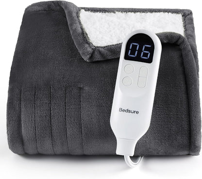 Bedsure Heated Blanket Throw Blanket with Preheat Function - Fast Heating Electric Blanket, Soft Flannel Throw with 6 Time Settings(Up to 10H), 6 Heating Settings, Gifts for Grandma (50"x60", Grey)