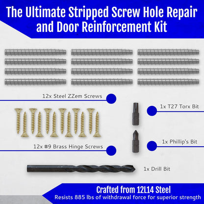 4-Pack #9 x 3 Permanent Stripped Door Hinge Screw Hole Repair Kit | Reinforces hinges, strike plates and door jambs. Installs in minutes. Made in USA