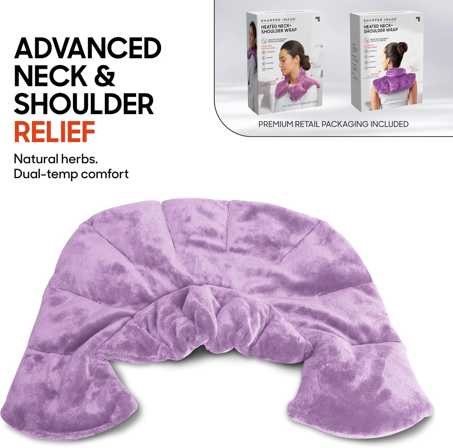 Sharper Image Heated Neck & Shoulder Wrap - Microwavable Warm & Cooling Plush Pad, Scented Aromatherapy (100% Natural Lavender & Herb Spa Blend), Pain Tension Headache Relief Therapy, Gift for Women