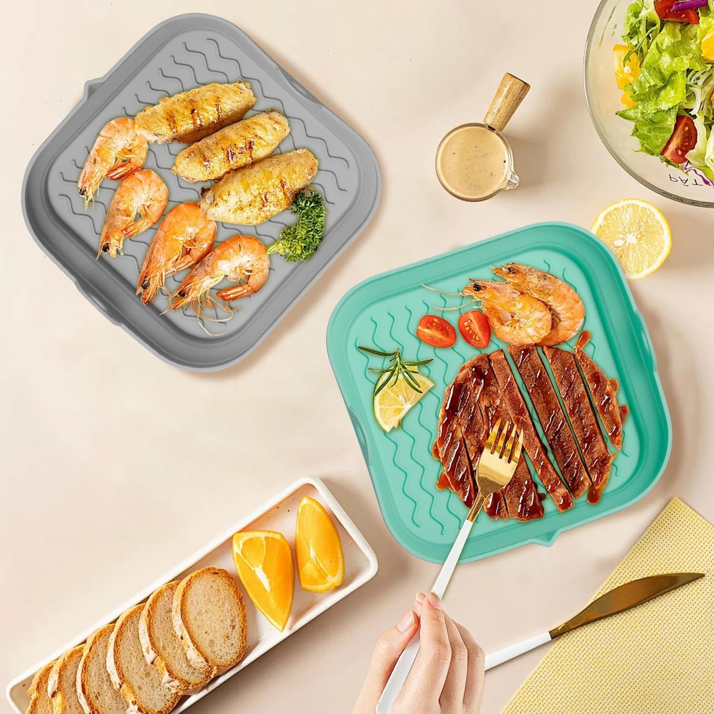 7.7 Inch Silicone Air Fryer Liners Square 2 Pack, Reusable Collapsible Dishwasher Safe Stackable Basket for Air Fryers (One Gray and One Green)