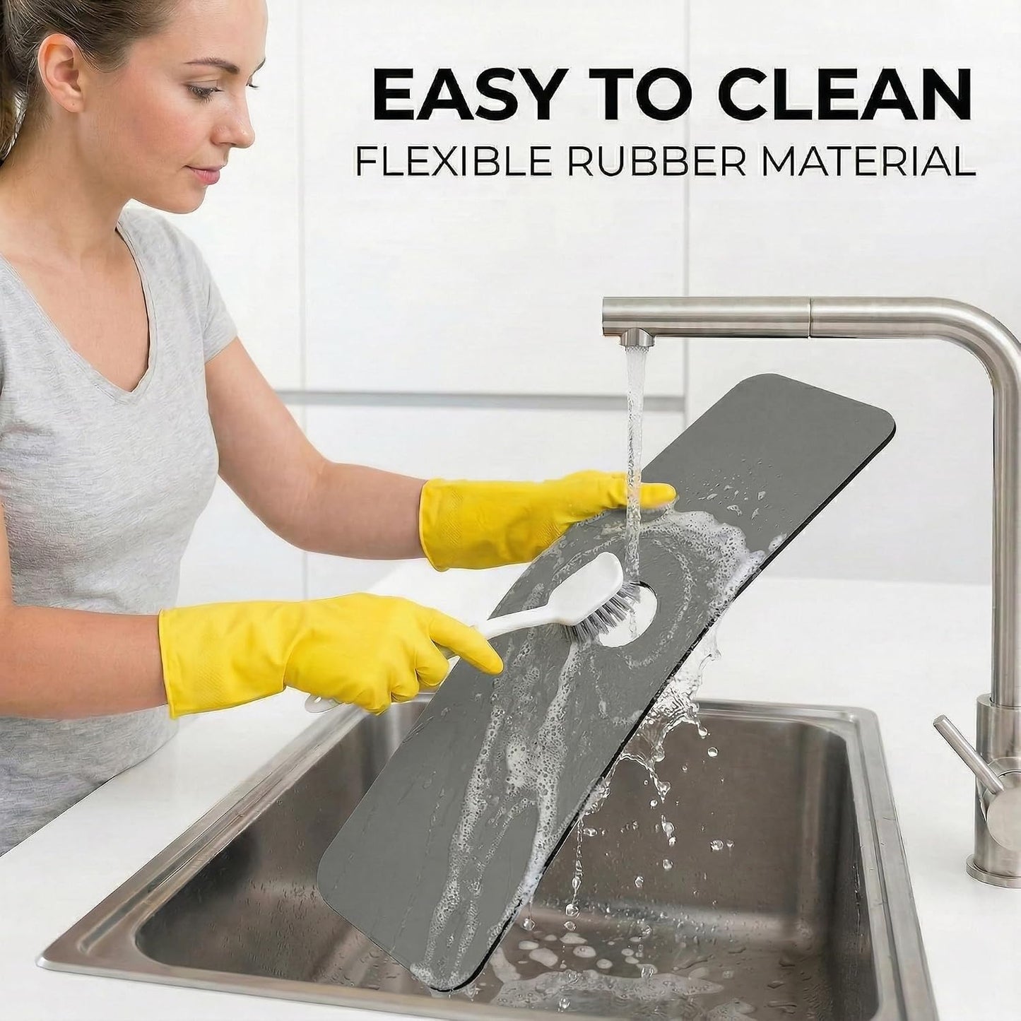 Cuttable Kitchen Sink Faucet Mat: 2PCS 30"Lx5.5"W DIY Splash Guard for Irregular Sink 2, 3 holes, Soap Dispenser & Air Gap - Bathroom Counter Protector Drip Catcher with Pre-Cut Center Hole, Grey
