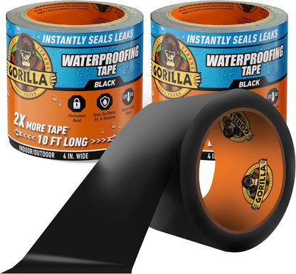GORILLA Waterproofing Tape, Permanent, Black, 4" x 10', 1-Pack | Weather Resistant Seal for Leaks & Repairs, Air & Moisture Barrier, Bonds Metal, Plastic, Wood, Rubber & Vinyl