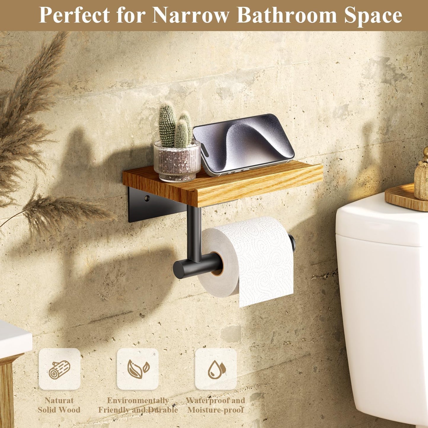 Tindbea Toilet Paper Holder with Wood Shelf, Wooden Wall Mount Tissue Paper Roll Holder, Matte Black Stainless Steel Bathroom Accessories Decor Household Home Apartment Restroom Essentials (Walnut)