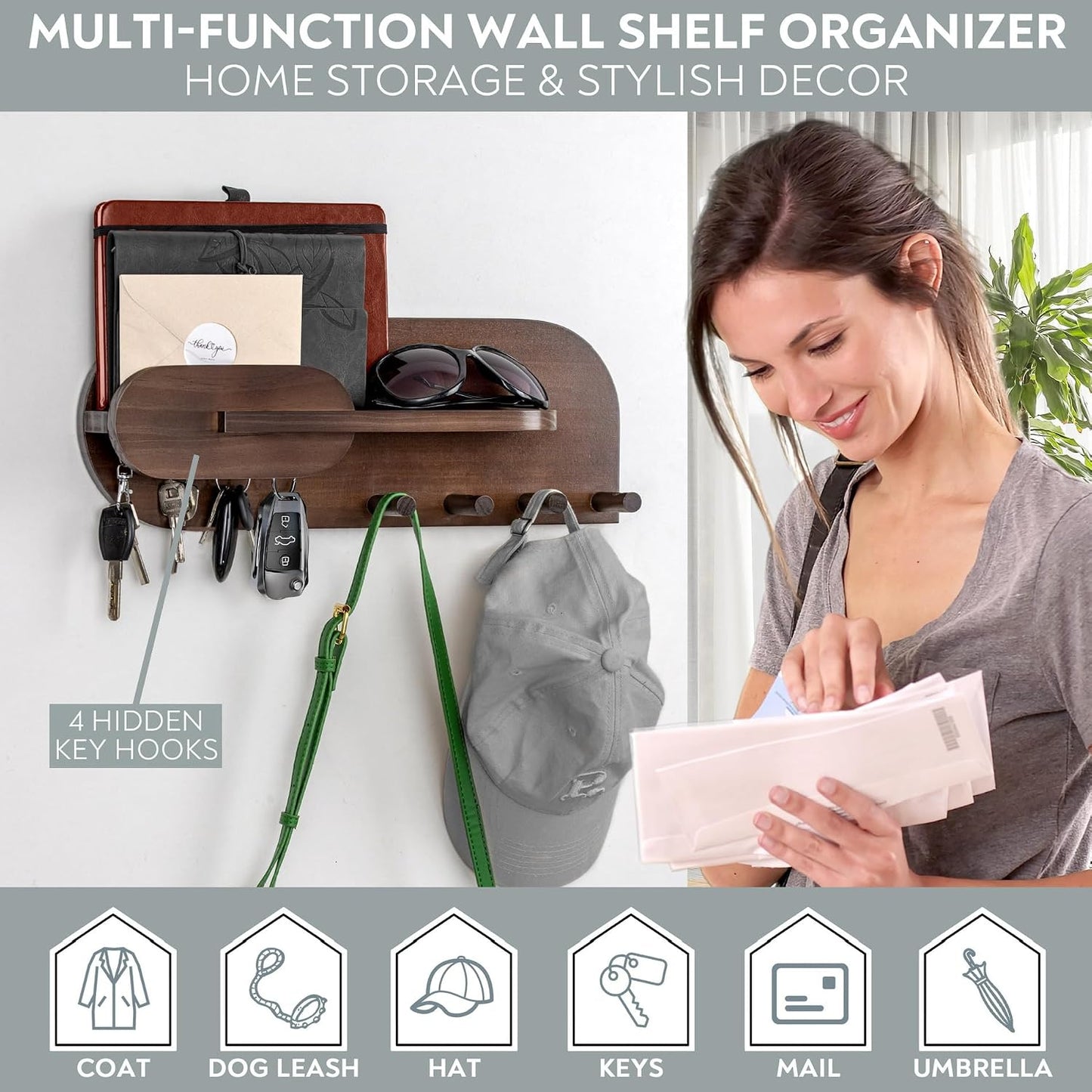 Solid Wood Mail and Key Holder for Wall Decorative Display - Includes Mail Holder, Shelf with Hooks for Keys & Pegs for Hanging Hats, Coats, Bags, Backpacks & More - Sleek Modern Design, Walnut Brown