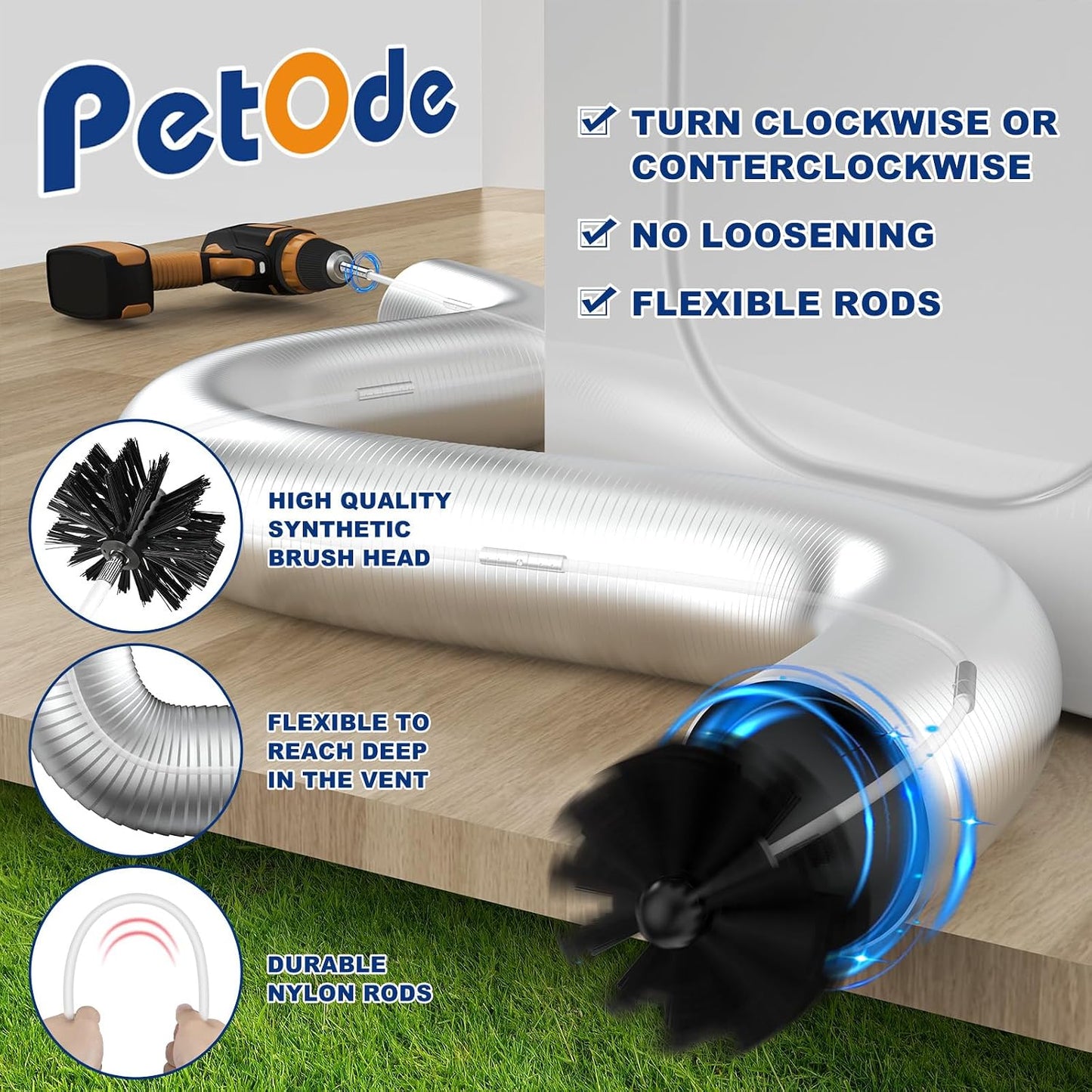 PetOde 32 Feet Dryer Vent Cleaner Kit, Flexible Lint Remover | Upgraded Quick-Snap Brush with Drill Attachment for Easy to Use, Deep Clean, Lint Removal, Easy DIY Assembly, Home Essential