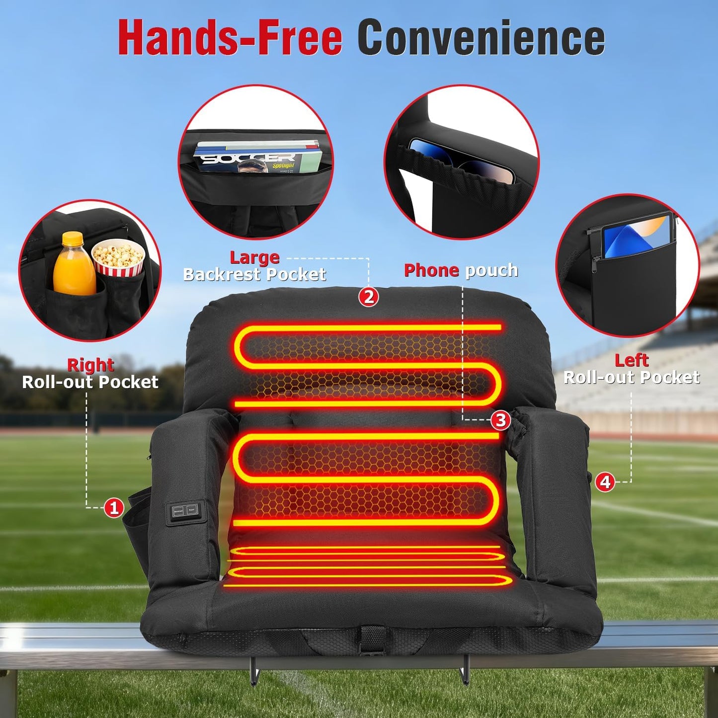Suteck Heated Stadium Seats with Back Support 1 Pack, 23" Wide Sofa Style | Dual-Zone USB Heat, 6 Recliner, 3.83" Soft Cushion, 600D Waterproof, Hook Straps, Storage Pockets & Cup Holder, Half Fold