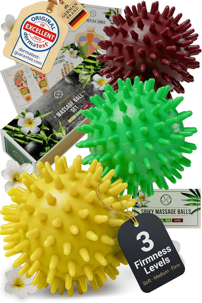 Spiky Massage Ball Set 3 Pcs – Foot Massage Balls Soft to Hard | Dermatest "excellent", 3 firmness levels from soft to hard, trigger point balls for feet, back & neck, incl. reflex charts