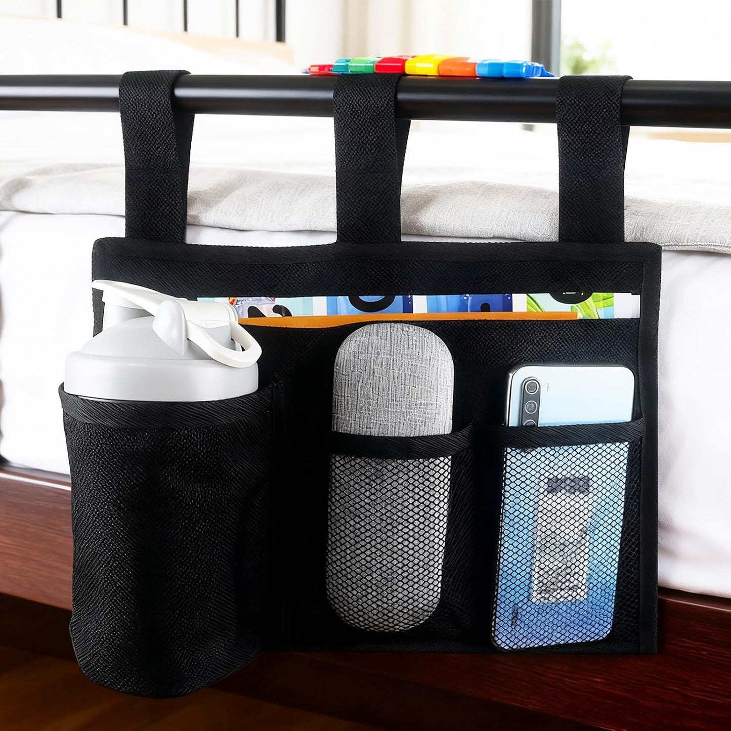 Hanging Bedside Caddy, Bedside Organizer Bunk(Black 4 Pockets) | Bed Storage Bag Hanging Pocket for Camp Dorms & Hospital Bed Rails More