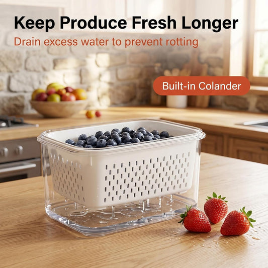 Fruit Storage Containers for Fridge, 4-Pack Fruit Containers for Fridge with Removable Colander - Airtight BPA-Free Produce Keeper, Keeps Berries Fresh 2 Weeks, Stackable Produce Storage