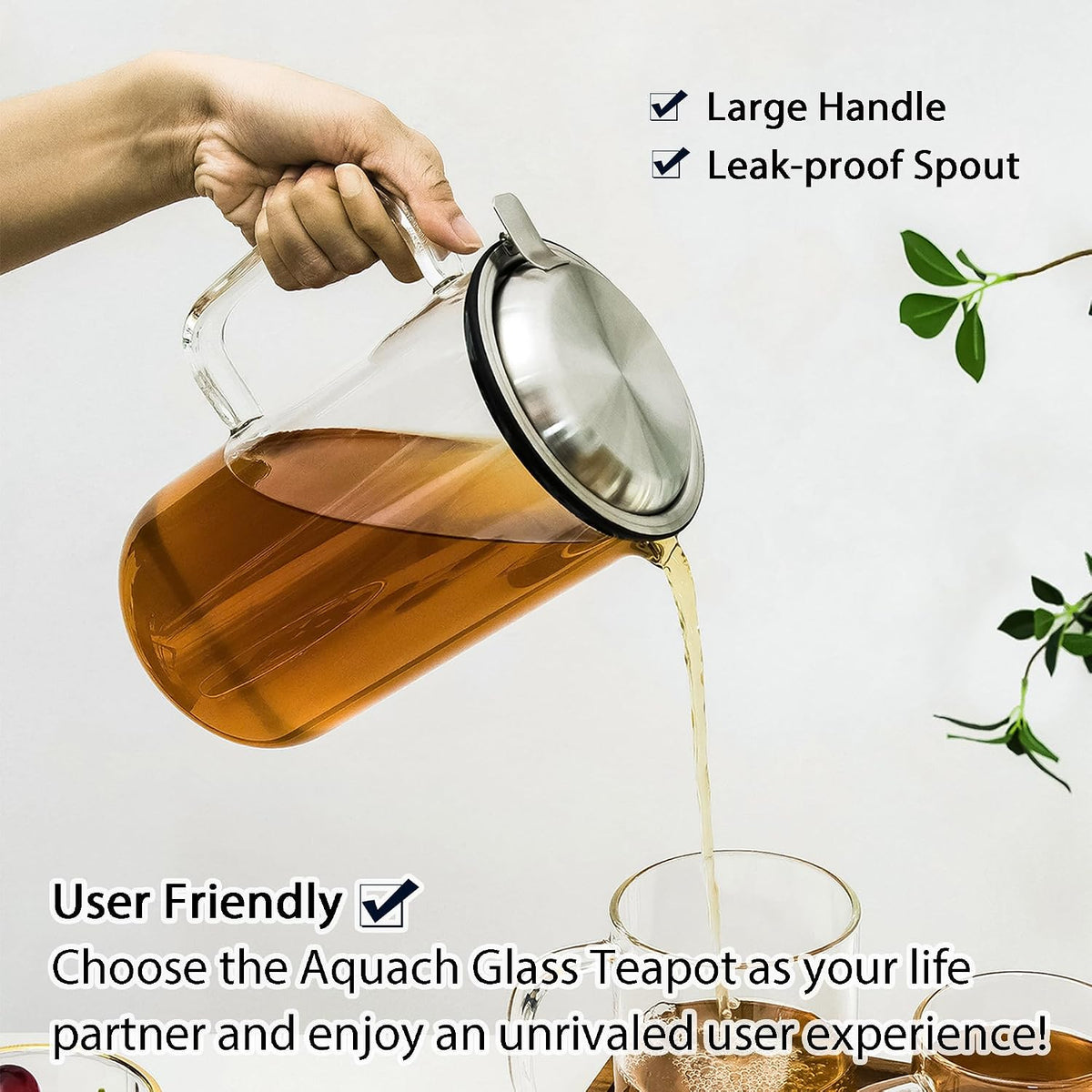 Aquach 51oz Glass Teapot with Infuser, Stovetop Safe Borosilicate Tea Pot
