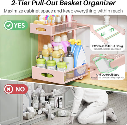 Under Sink Organizer, 2-Pack Pull Out Cabinet Organizer 2 Tier Metal Slide Out Storage Shelf Rack, L-Shaped Adjustable Height,Mesh Sliding Drawer for Kitchen, Bathroom, Laundry, Pantry, White, XL