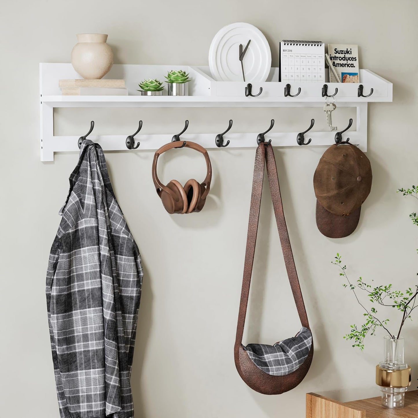 AMBIRD Wall Hooks with Shelf, 26.57 Inch Entryway Wood Coat Hooks for Wall with Shelf, Coat Rack Wall Mount with 5 Dual Hooks 3 Key Hooks Mail Organizer and Key Rack Holder (Brown)