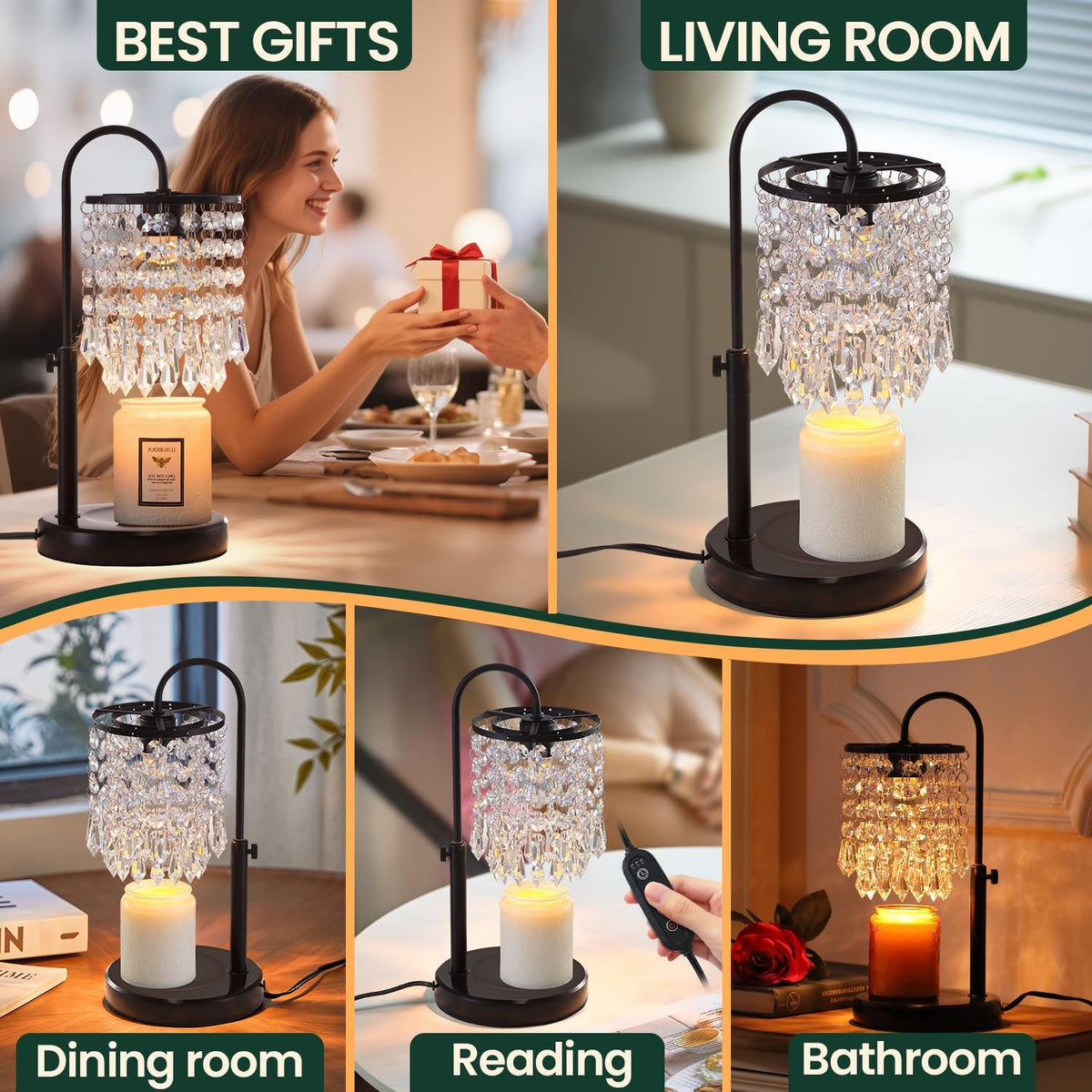 Candle Warmer Lamp with Timer Dimmer，2H/4H/8H Timer , Lamp Candle Warmer with Marble Base for Adjustable Height, Crystal Wax Melt Warmer for Jar Candles, House Warming Decor Gifts Mothers Day Gifts