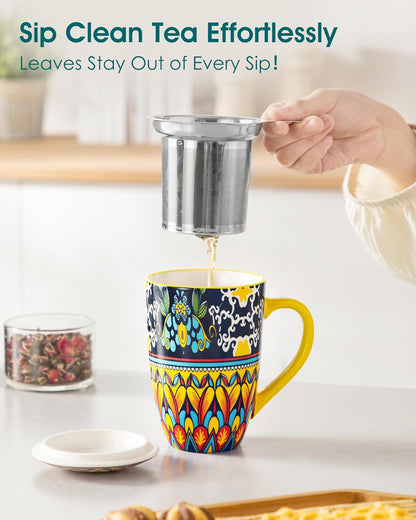vancasso 18 Oz Tea Infuser Mug with Lid, Mint Petal Whirl | Eye catching Bohemian pattern, adds charm to any tea corner, ceramic mug with infuser, microwave and dishwasher safe