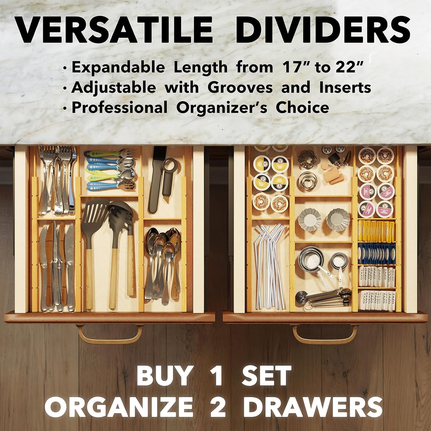 SpaceAid Bamboo Drawer Dividers with Inserts and Labels, Kitchen Adjustable Drawer Organizers, Expandable Organization for Home, Office, Dressers, 4 Dividers with 9 Inserts (17"-22" Natural)