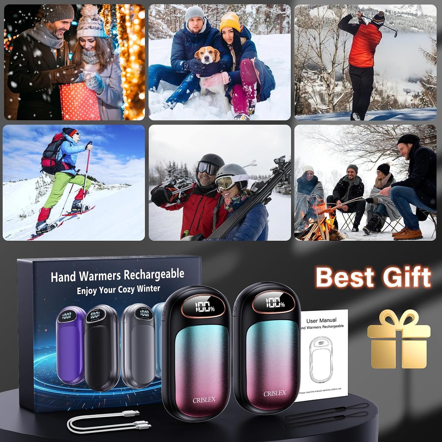 CRISLEX Electric Hand Warmers Rechargeable 2 Pack, 4 Levels Fast Heat, Reusable Hand Warmers with LED Display, Portable Magnetic Pocket Heater, Gifts for Christmas, Men, Women, Raynauds, Hunting, Golf
