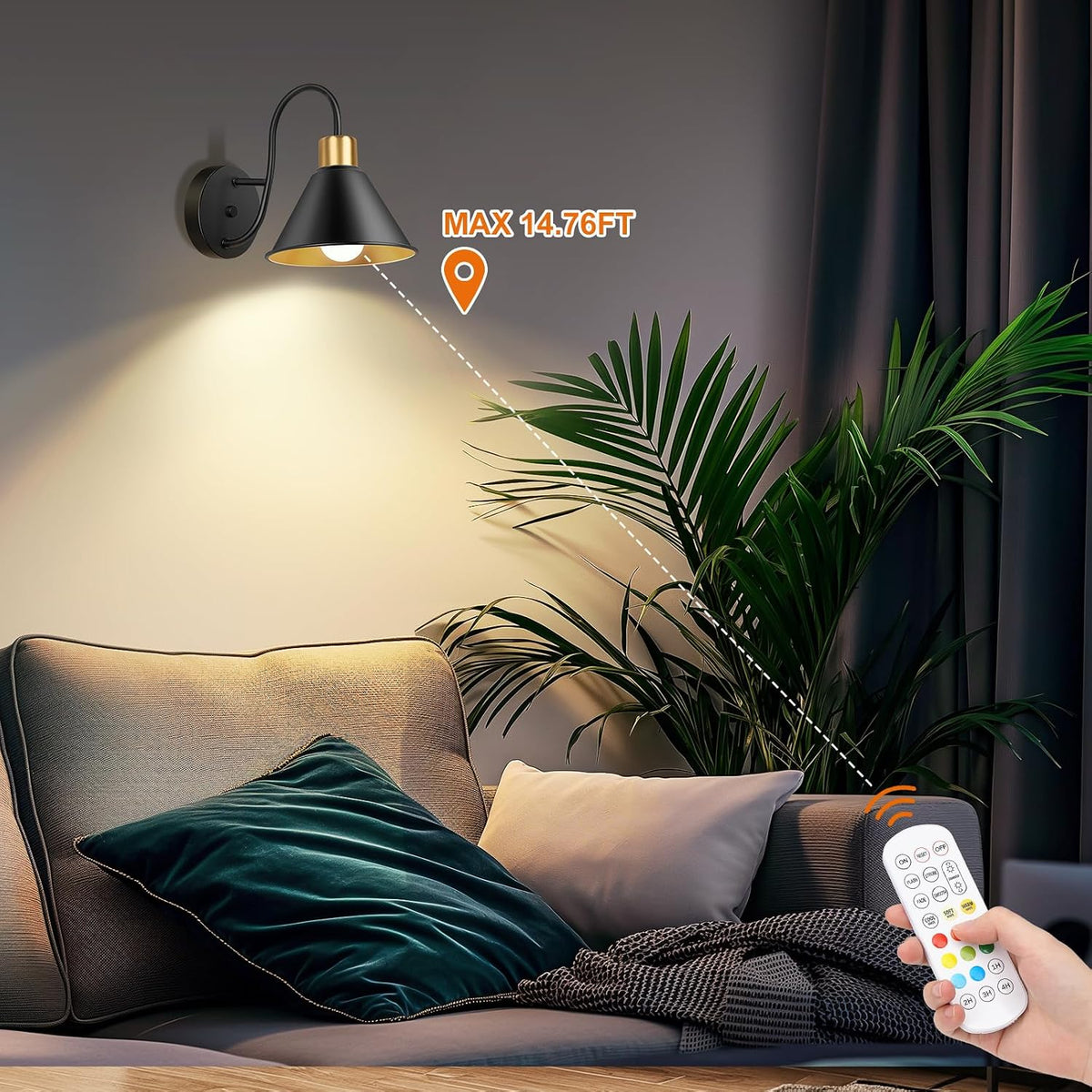 Frideko Rechargeable Wall Sconces Set of Two with Remote, RGB 15 Colors Dimmable Battery Operated Wall Lights for Living Room Bedroom, Indoor Black Wall Lamp with Timer Wireless