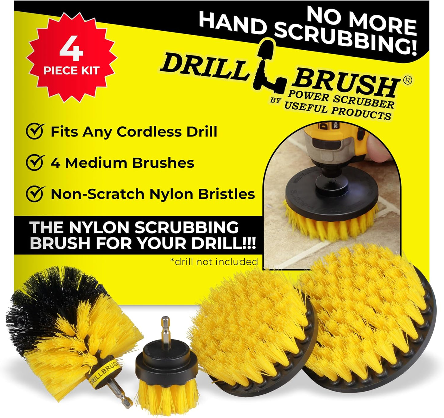 Drillbrush Electric Nylon Drill Brush Attachment Set for Bathroom Cleaning | Power Scrubber Brush Kit for Bathtub, Shower & Tile - Grout Cleaner Kit - All-Purpose Household Cleaning Brushes for Drill