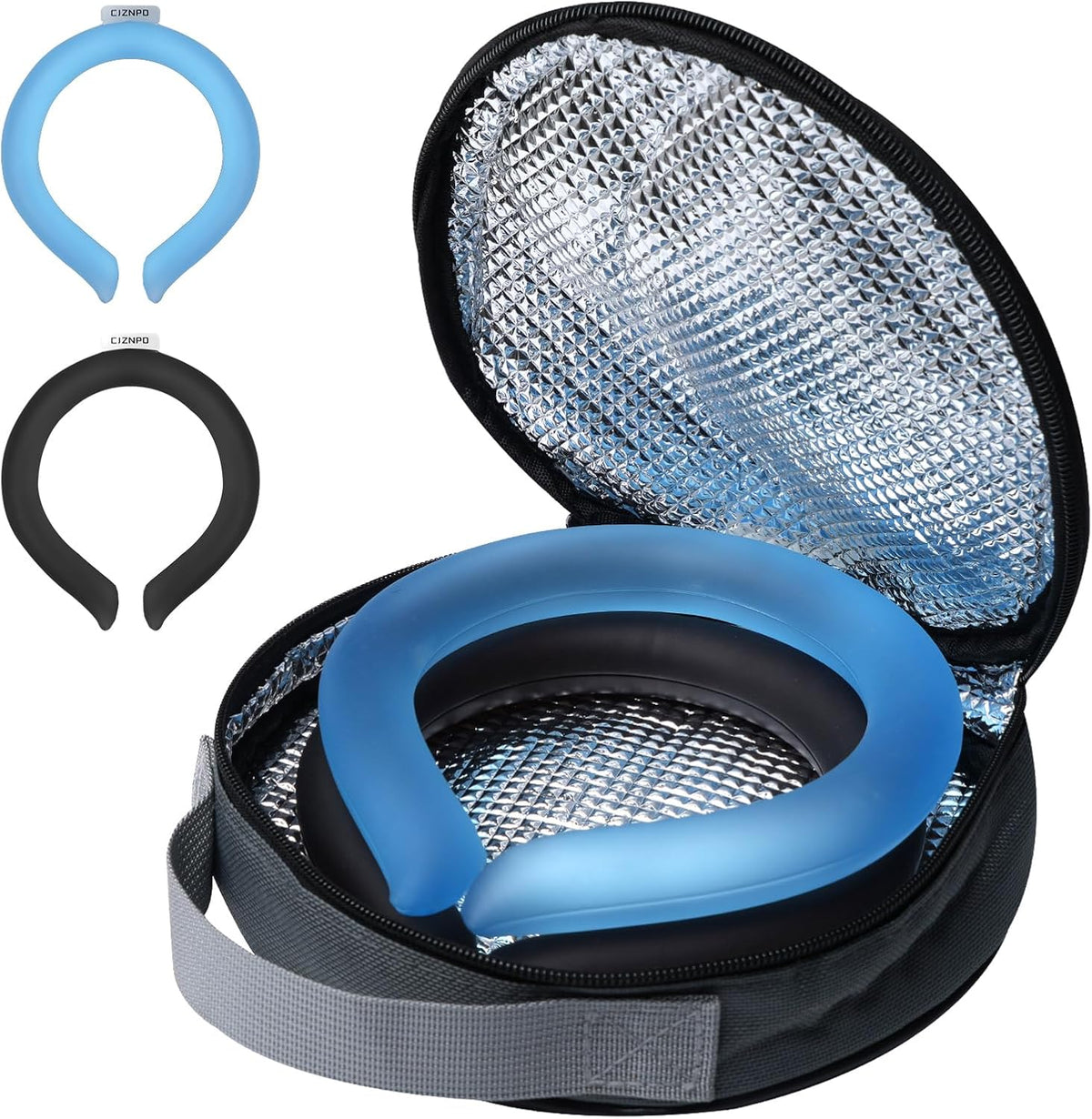 2PCS PCM Neck Cooling Tube with Insulated Bag, Reusable Ice Ring Neck Cooler Wrap, Wearable Neck & Shoulder Cooling Ring for Hot Weather Outdoor Work, TPU Freezable Collar (Blue+Black)