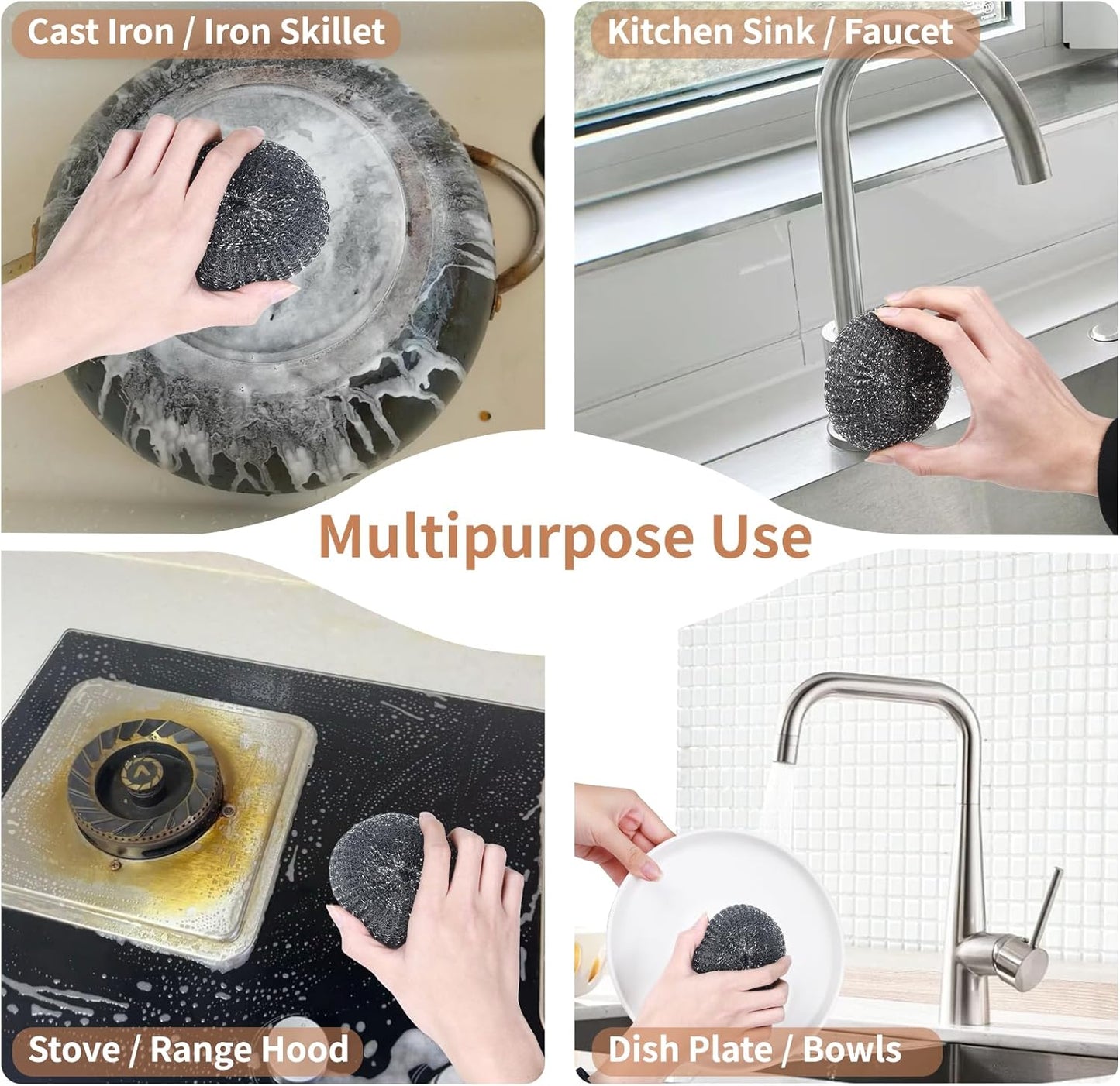 6PCS Steel Wool Scrubber Sponge Set, Barbecue Grill Cleaning Scrubber Pads | Stainless Steel Scrubber Replacement for Scouring Messes from Cast Iron, Pots, Pans, Grill, Stoves, Sink (6 Pads)