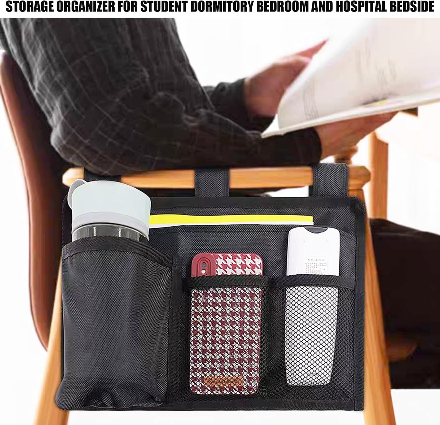 Hanging Bedside Caddy, Bedside Organizer Bunk(Black 4 Pockets) | Bed Storage Bag Hanging Pocket for Camp Dorms & Hospital Bed Rails More