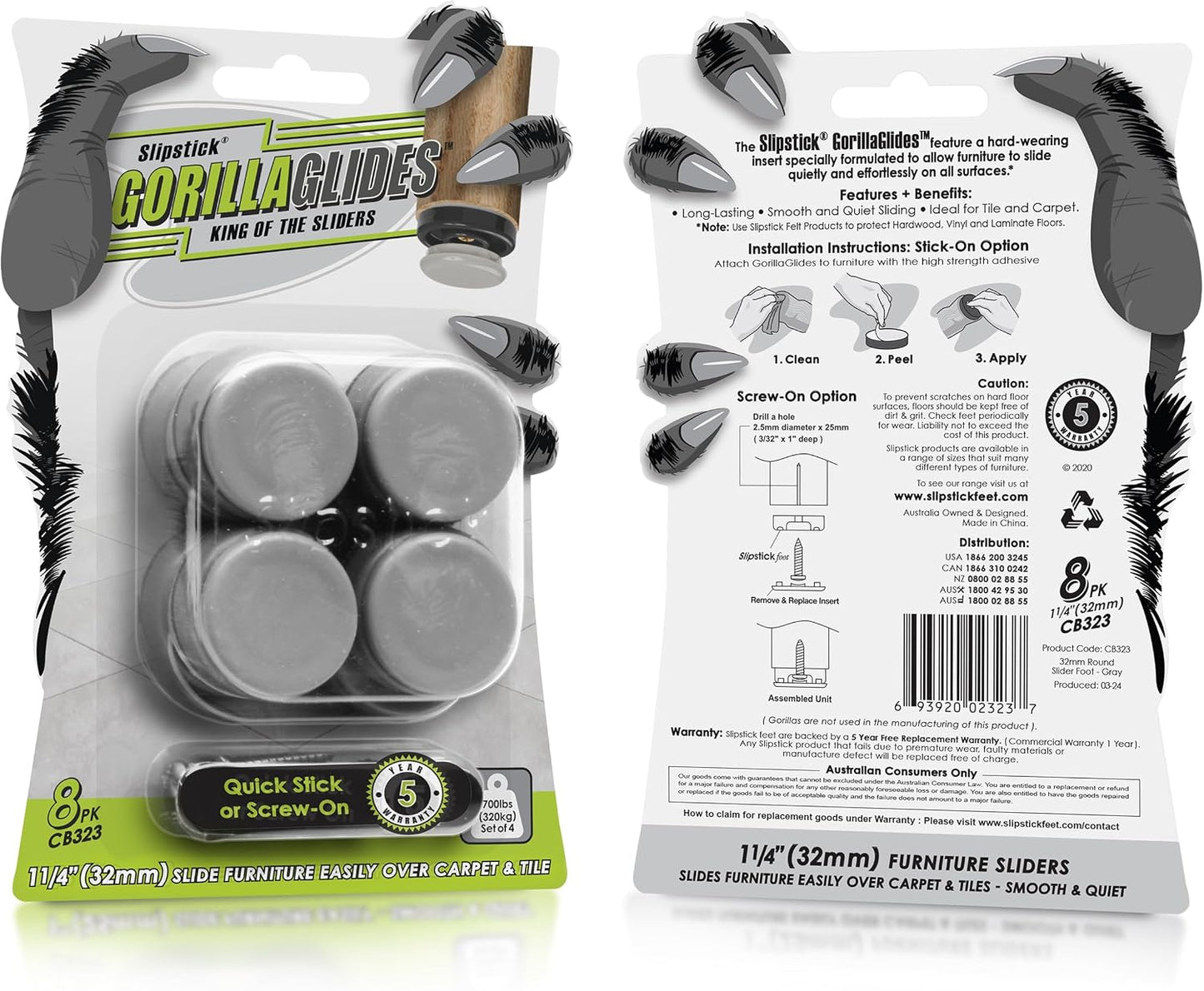 GorillaGlides 1 Inch Chair Sliders/Furniture Floor Protectors (16 Furniture Glides) Self-Adhesive Screw On Chair Glides for Sliding on Low-Pile Carpet & Hard Surface Floors, Round