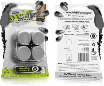 GorillaGlides 1 Inch Chair Sliders/Furniture Floor Protectors (16 Furniture Glides) Self-Adhesive Screw On Chair Glides for Sliding on Low-Pile Carpet & Hard Surface Floors, Round