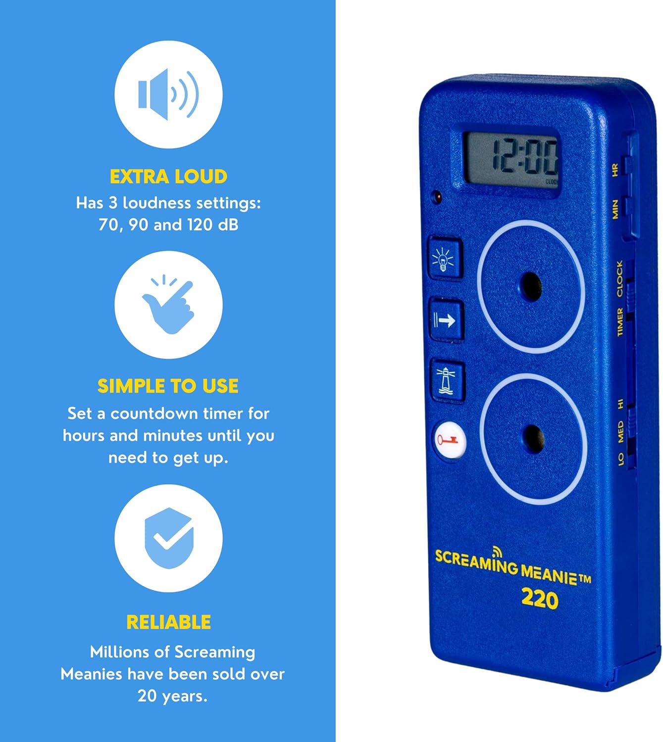 Screaming Meanie 220 Alarm Clock & Time for Deep Sleepers, Black | Extremely Loud Multi-Purpose Clock with three adjustable alarm volume levels (70, 90, and 120 dB), includes 9V battery.