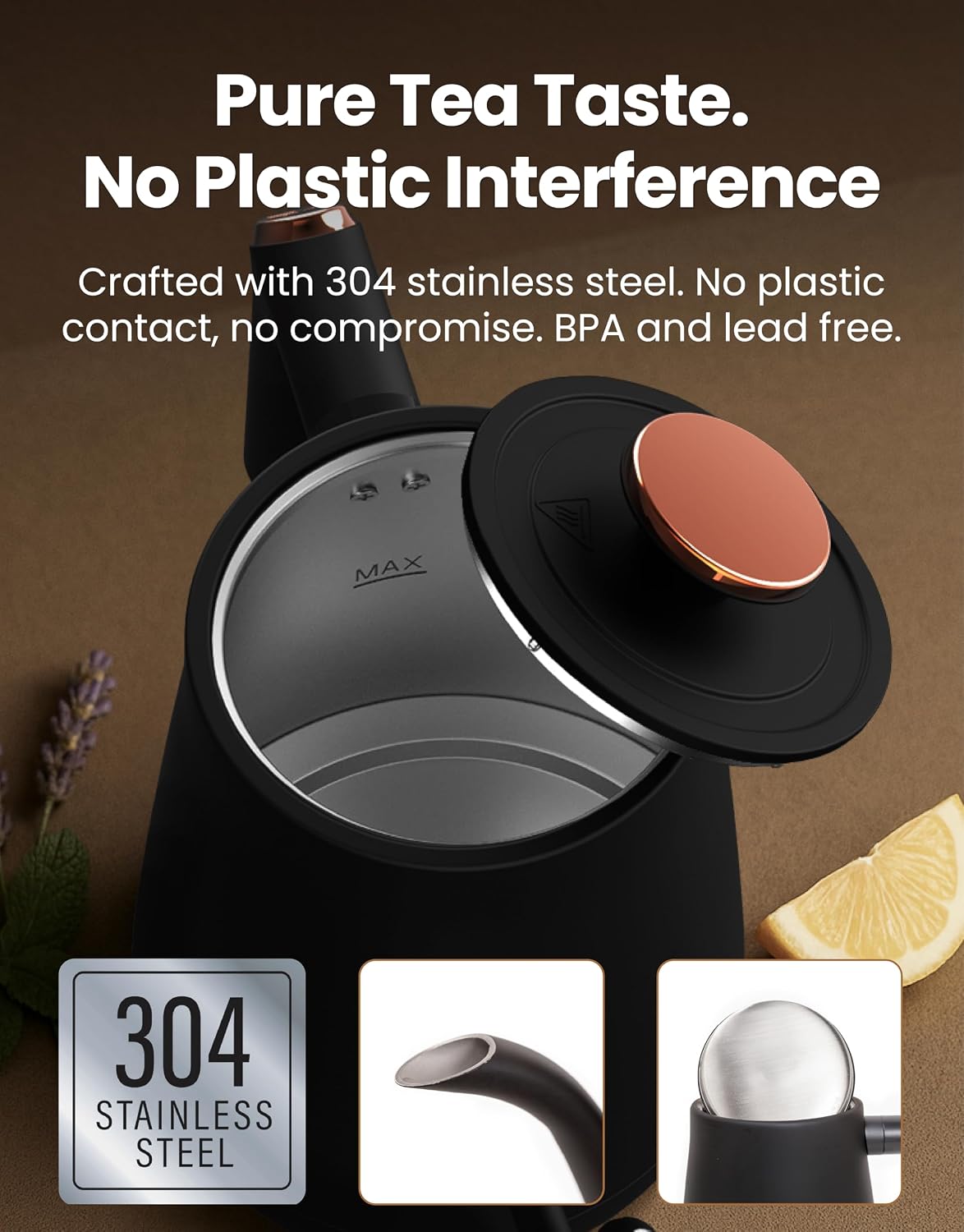 Viante Alba Electric Tea Kettle With Infuser, No Plastic, 1.5L | Borosilicate glass & 304 stainless steel construction. 4 temp presets, keep-warm, cordless, auto shut-off