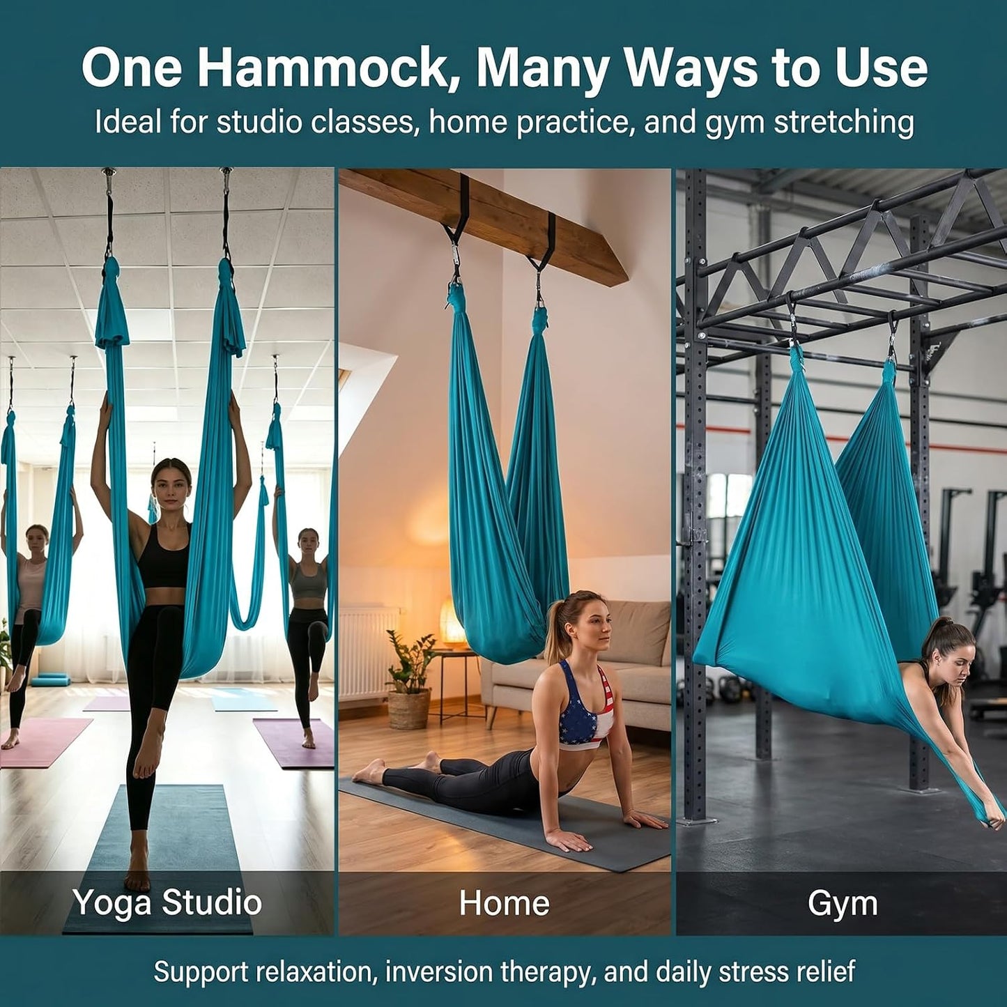 Blue-Green Gradient & Dark Green Aerial Yoga Hammock (400x180 cm / 157"x71"), Soft Silk Swing for Anti-Gravity Yoga, Inversion Therapy, Ideal for Strength, Flexibility Training and Stress Relief