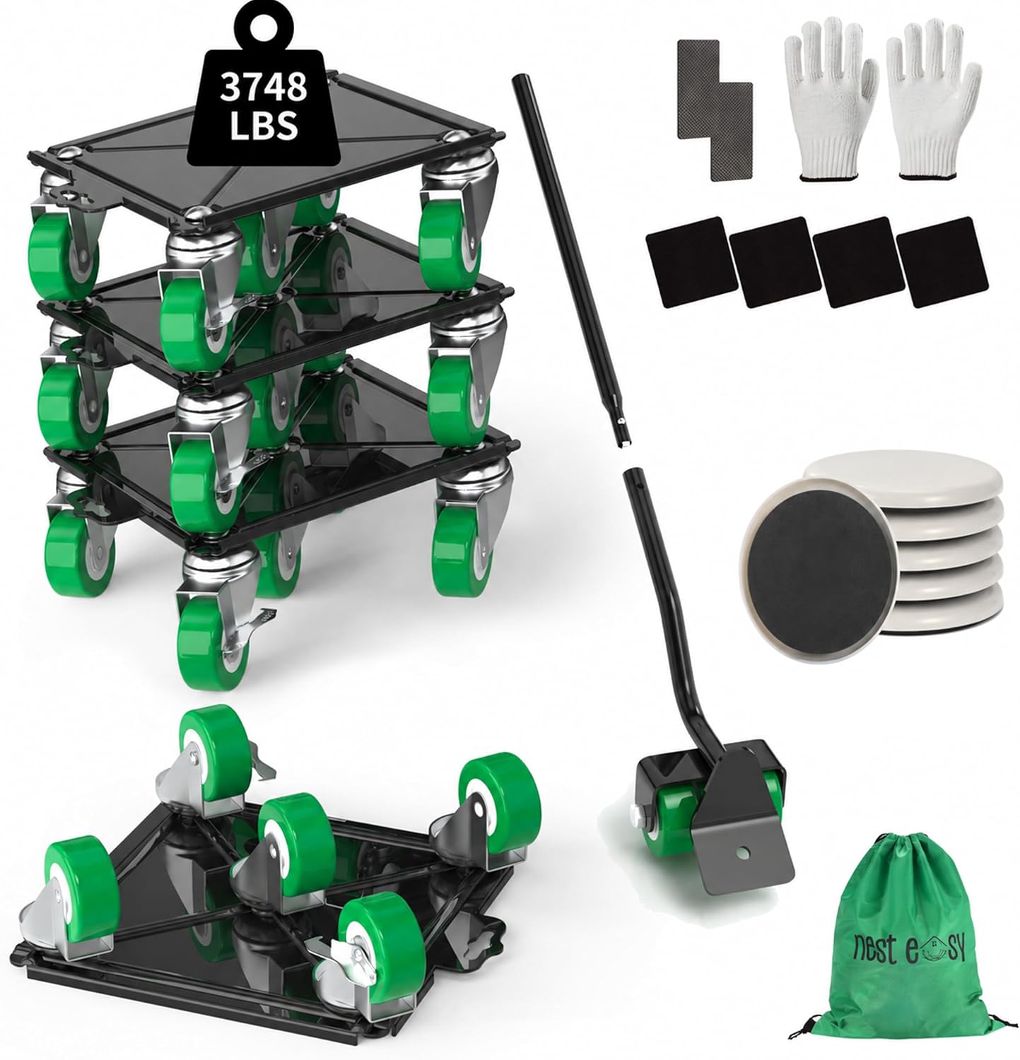 Heavy Duty Furniture Dolly 360 Rotate 5 Wheels 3000 Lbs Capacity 5.3x5.3 in | Furniture Movers with Green Wheels, Measure Tape & Leveler, Alloy Steel Furniture Lifter Tool for Smooth Home & Office Uses