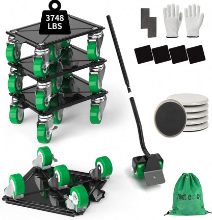 Heavy Duty Furniture Dolly 360 Rotate 5 Wheels 3000 Lbs Capacity 5.3x5.3 in | Furniture Movers with Green Wheels, Measure Tape & Leveler, Alloy Steel Furniture Lifter Tool for Smooth Home & Office Uses