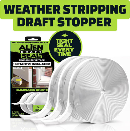 Alien Draft Insulation Tape Transparent Silicone Weather Stripping Door Seal Strip and Under Door Draft Stopper for Windows and Door Bottoms As Seen On TV (20 Feet - 2 Rolls)