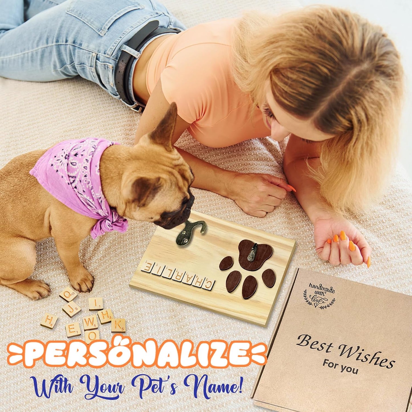 Dog Leash Holder Wall Mount, Pet Harness Hanger with Scrabble Letters, Dog Collar Organizer for Entryway, Memorial Cat Leash Holder for Wall, Pet Loss Gifts, Keepsake, Home Decor PF212-NAT