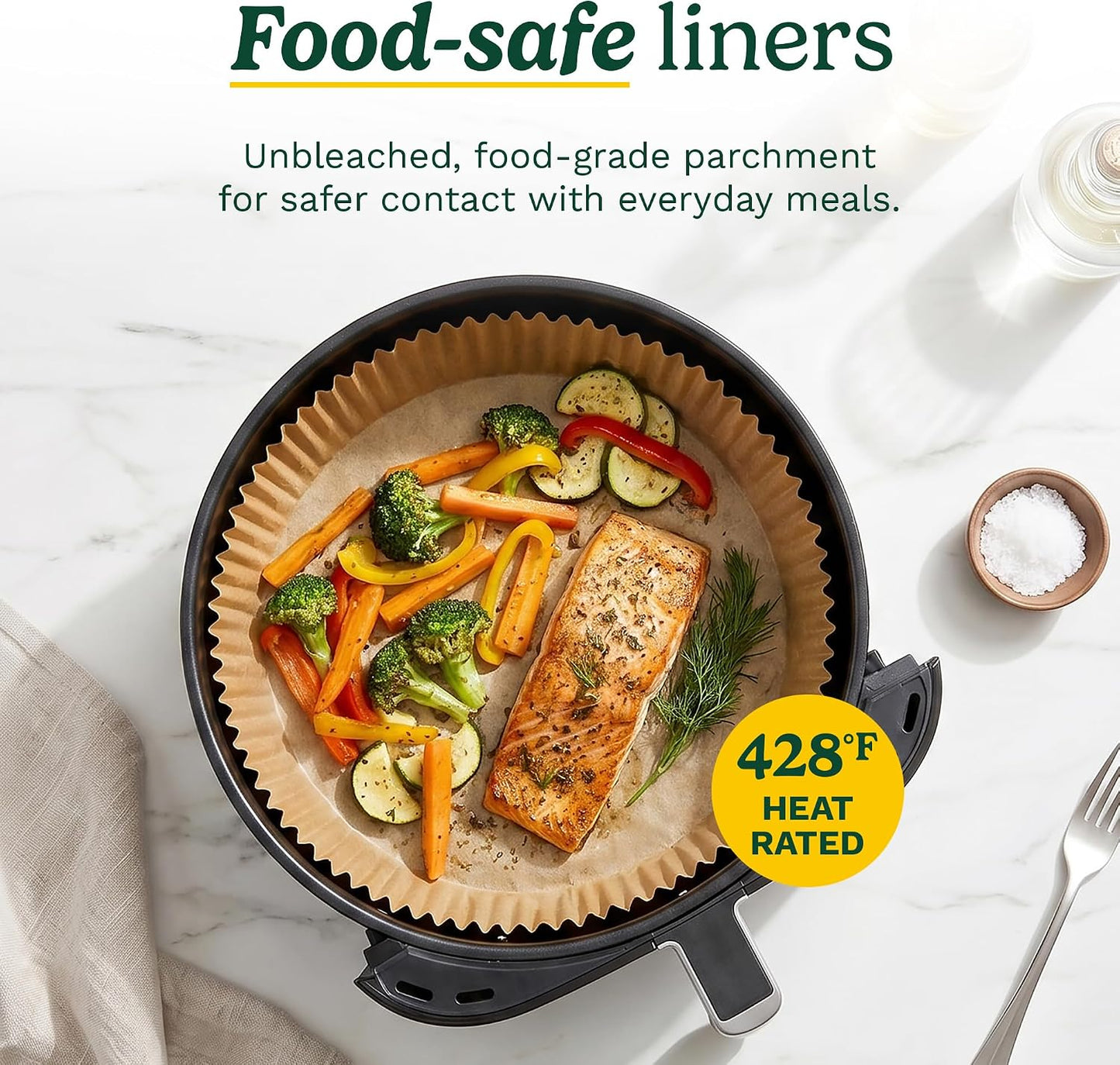 Cuisinart Air Fryer Liners Disposable, 150 Pack, 7.75" Square | Food-grade unbleached silicone-coated parchment for air fryer basket, non-stick to 428F, traps grease, oven & microwave safe