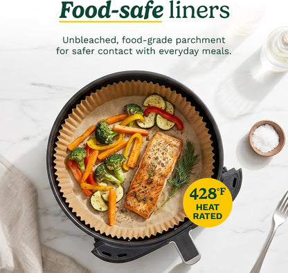 Cuisinart Air Fryer Liners Disposable, 150 Pack, 7.75" Square | Food-grade unbleached silicone-coated parchment for air fryer basket, non-stick to 428F, traps grease, oven & microwave safe