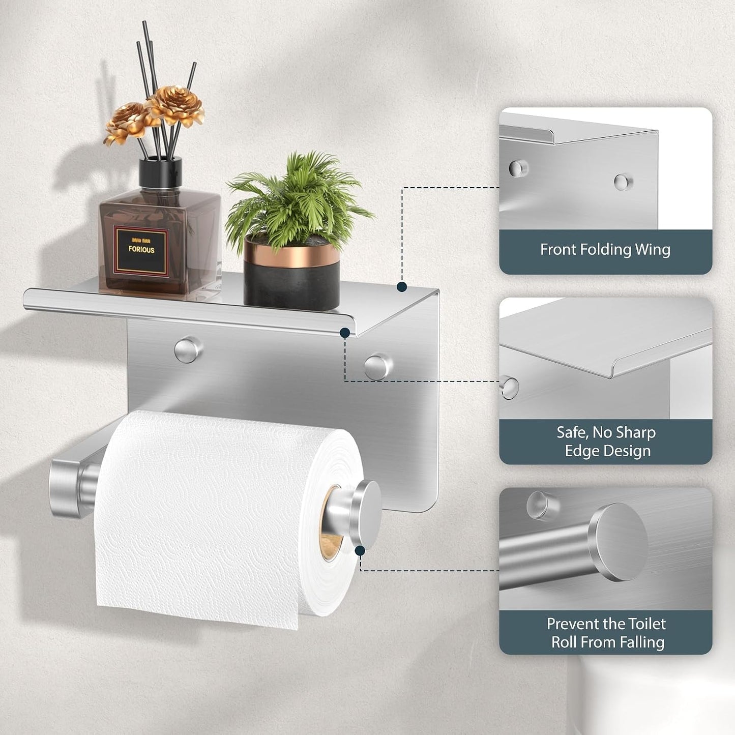 FORIOUS Toilet Paper Holder with Shelf, Adhesive or Screw, Commercial | Brushed Nickel | Wall Mount Bathroom Tissue Holder | SUS304 Stainless Steel Rustproof | Bathroom Tissue Roll Holder
